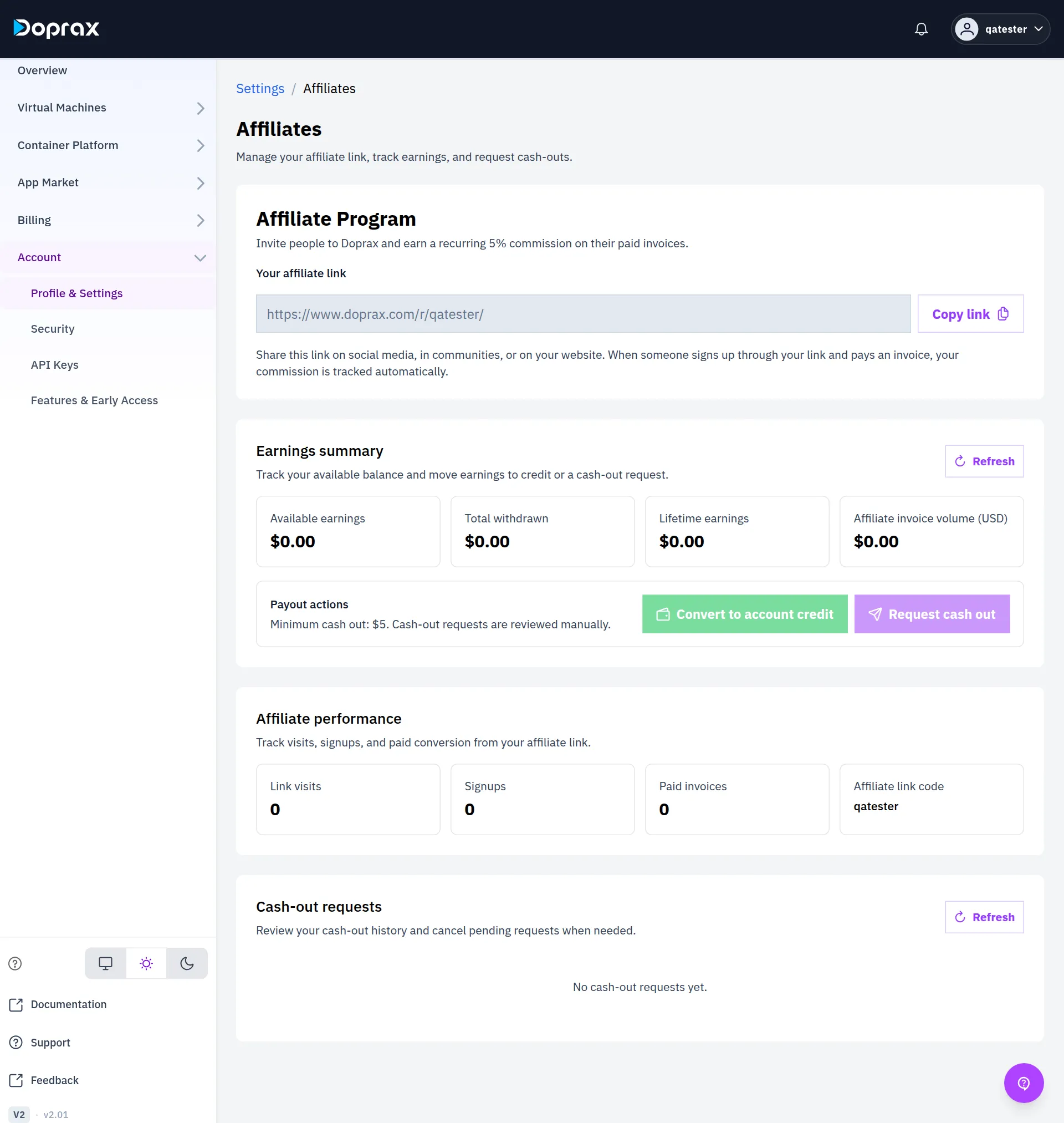 Your affiliate link with Copy link, the Earnings summary with Payout actions, and Affiliate performance