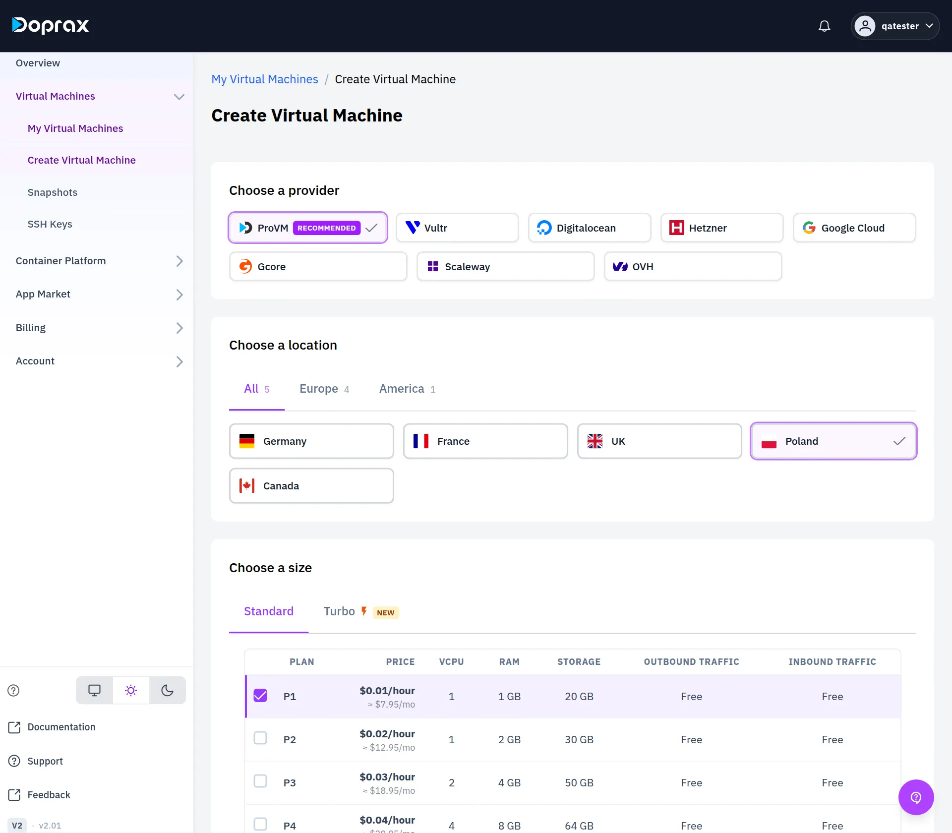 The Create Virtual Machine page with ProVM, Poland and plan P1 selected