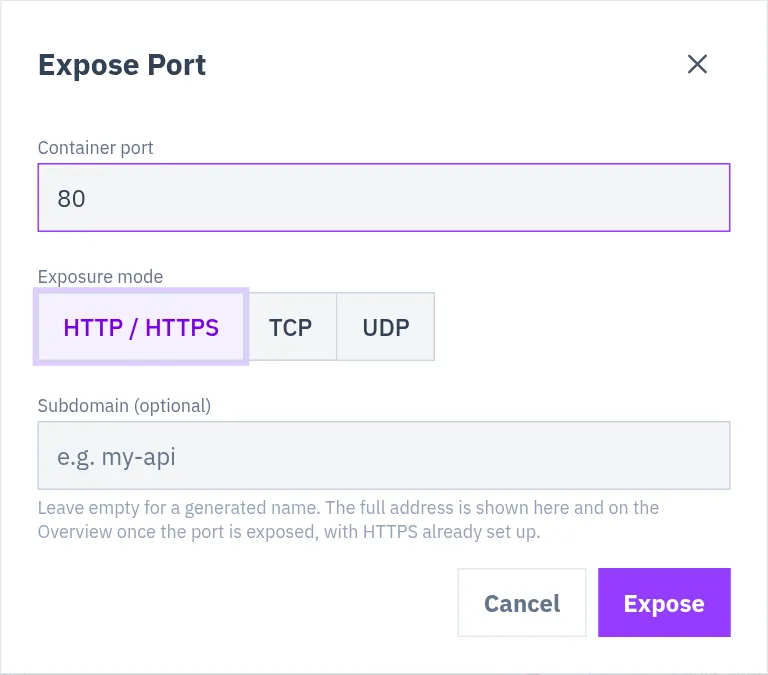 The Expose Port dialog with container port 80 and HTTP / HTTPS