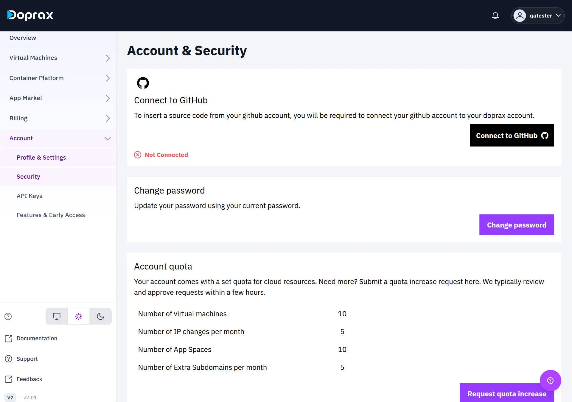 The Account & Security screen with Connect to GitHub, Change password and the Account quota table with Request quota increase