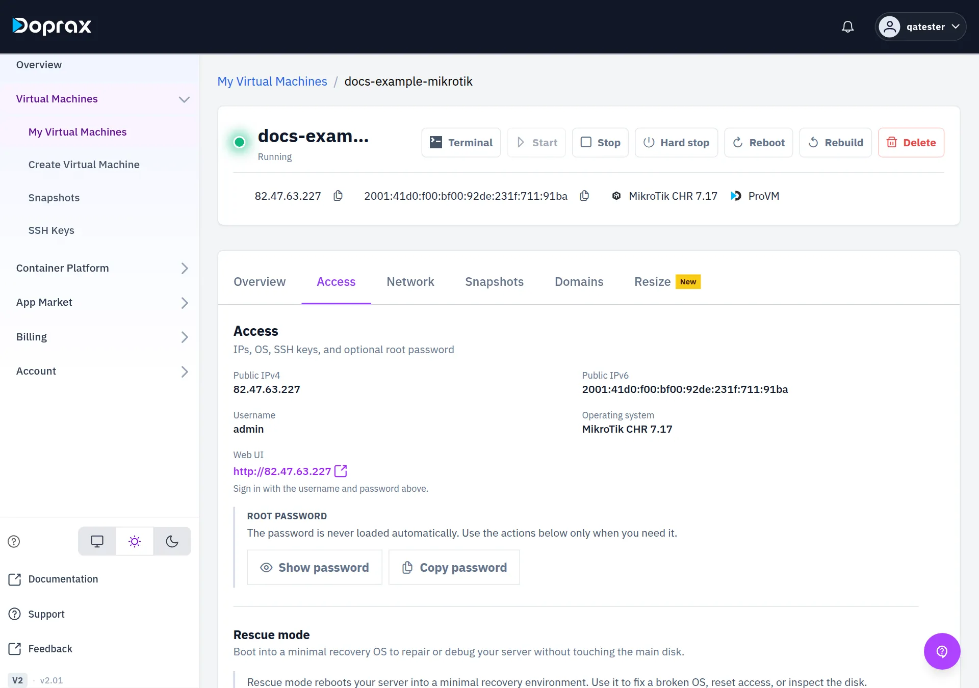 Username admin, the Web UI link and the Show password button visible