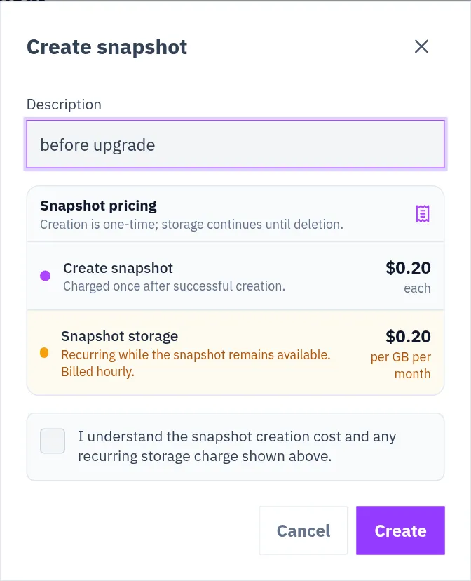The Create snapshot dialog with Description filled in, the Snapshot pricing box ($0.20 each, $0.20 per GB per month) and the tick box