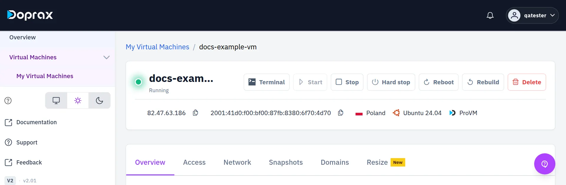 The top of the page: VM name with the status word under it, and the buttons Terminal, Start, Stop, Hard stop, Reboot, Rebuild, Delete