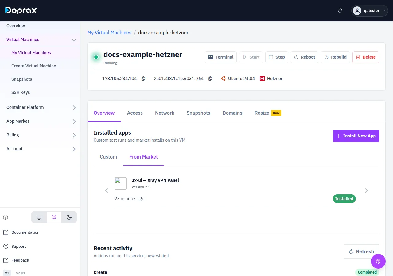 The Overview tab of a VM with the Installed apps block, the tab From Market selected and one installed app with status Success