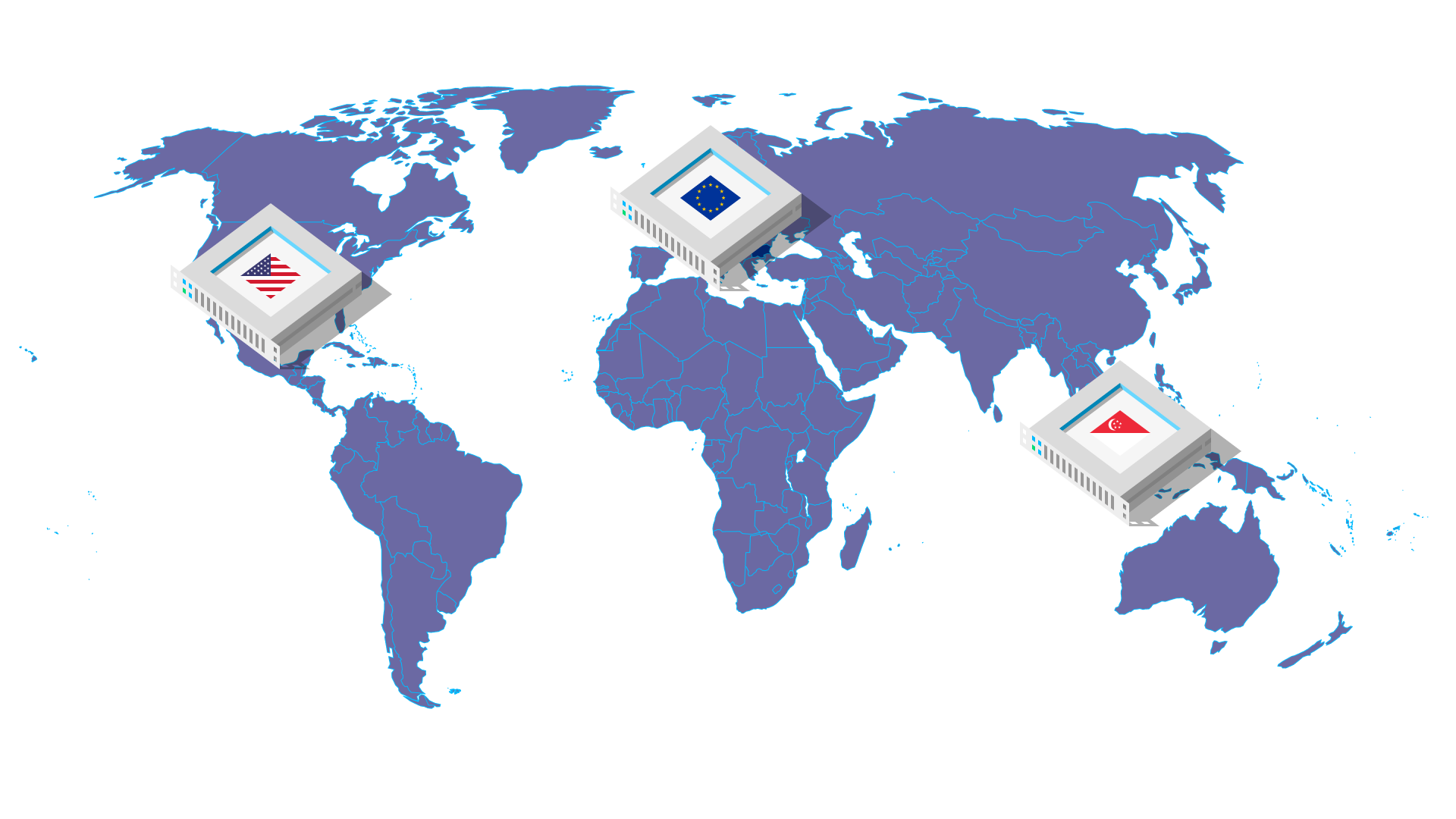 World map showing Dorpax Cloud Hosting data center locations across the globe. Datacenter in North America, (United Stats), Central Europe (Germany EU) and in South East Asia (Singapore).